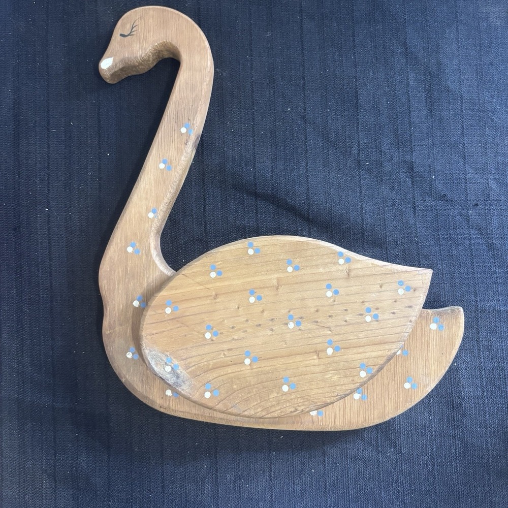 Vintage Folk Art Wooden Swan Wall Hanging Hand Painted Polka Dot Brown Blue 11in